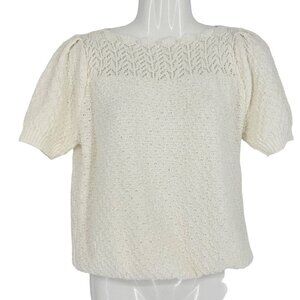 Vintage Crochet Pullover Sweater White Centennial Knits M Puff Sleeve ILGWU USA